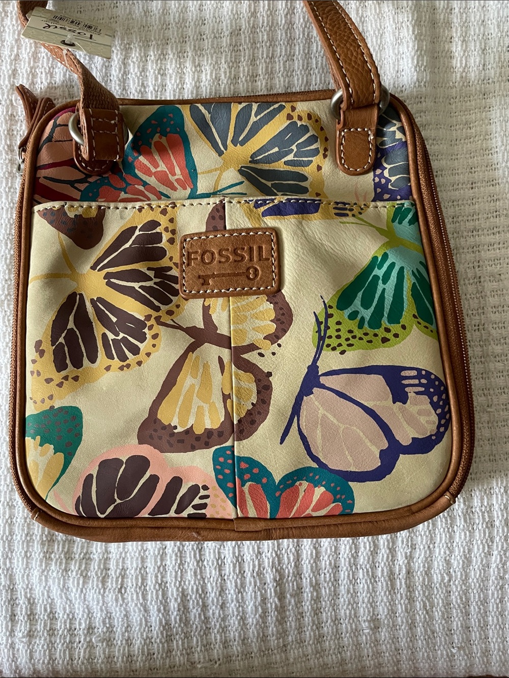 Fossil Multicolor Butterfly Print Crossbody Bag - Cream and Brown Trim - Picture 1 of 5